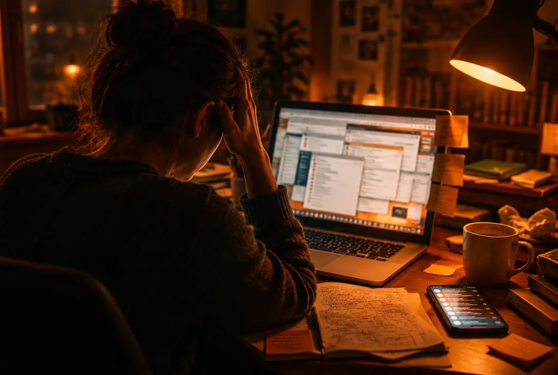 Person sitzt abends überfordert vor einem Laptop mit vielen offenen Tabs