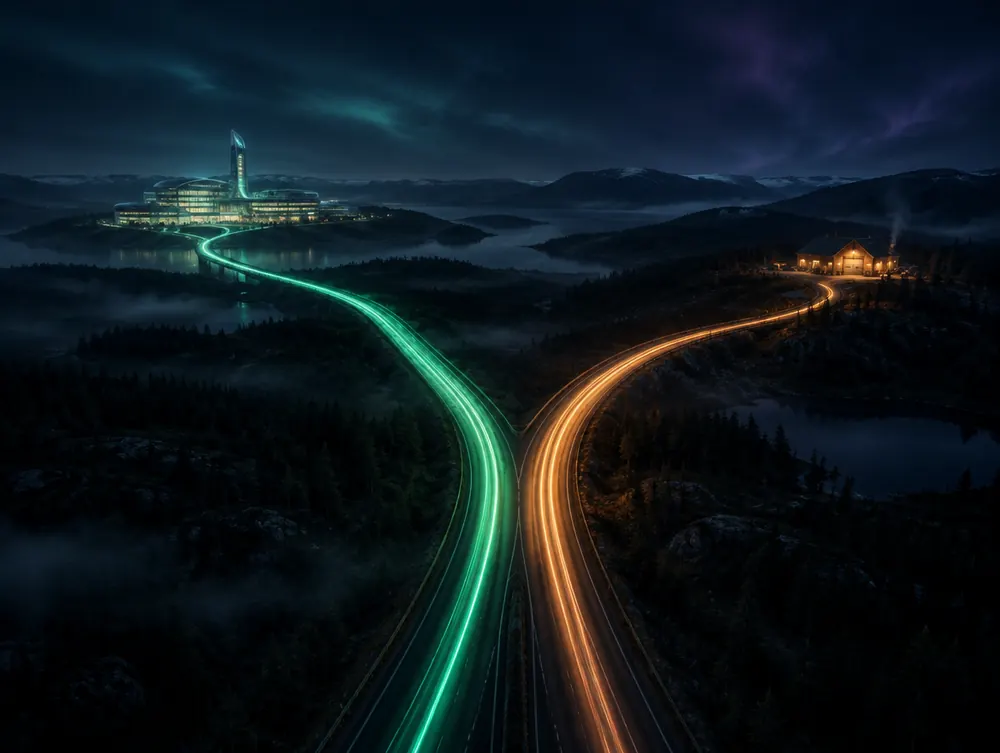 Nachtaufnahme: eine Straße teilt sich in eine grüne und eine orange Lichtspur