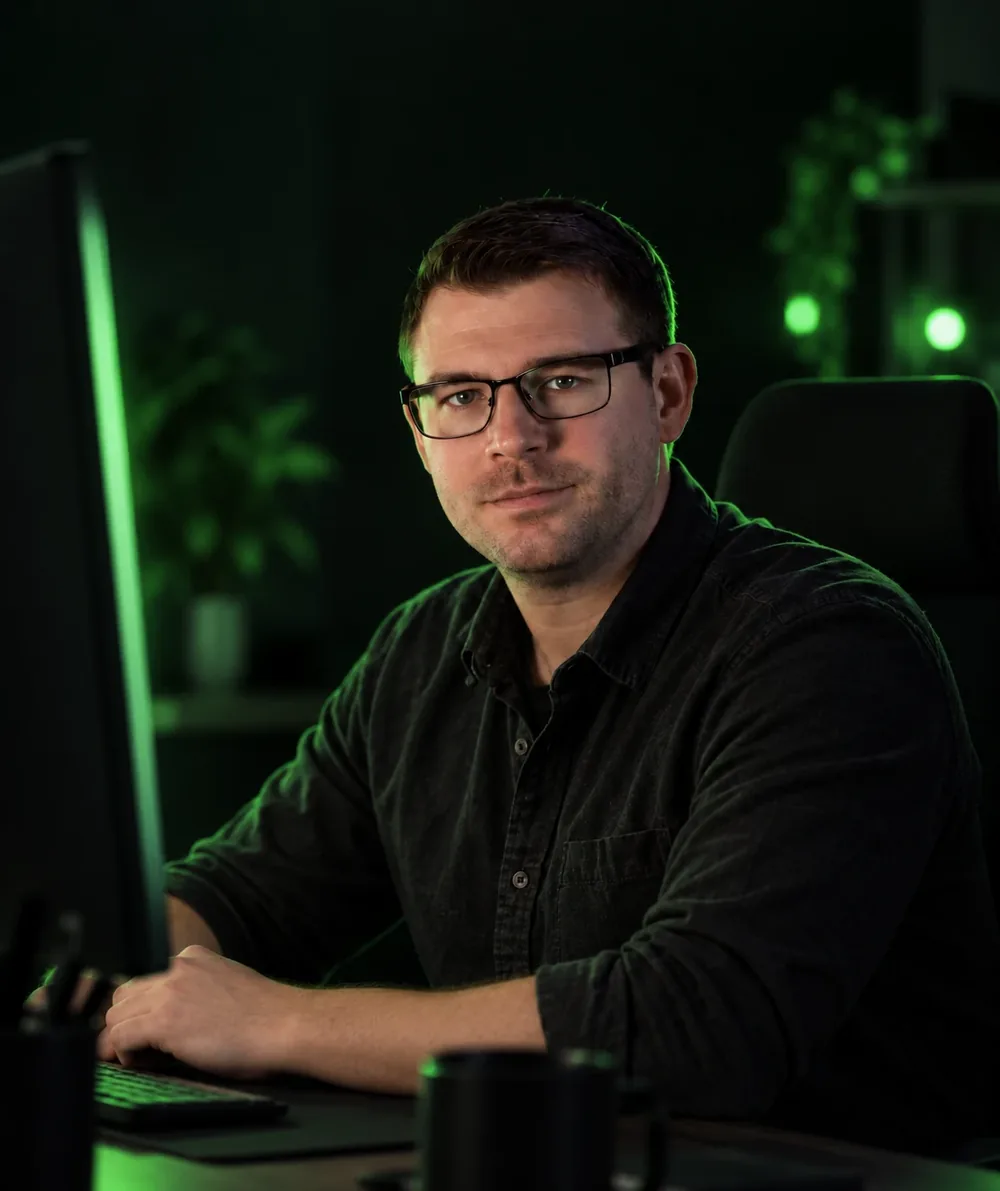 Marc Meese an seinem Schreibtisch im grün beleuchteten Studio